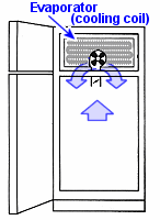 Top-freezer refrigerator showing evaporator coil and air flow route