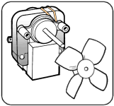 Evaporator fan motor and blade shown - usually located in the freezer compartment of a frost free refrigerator.